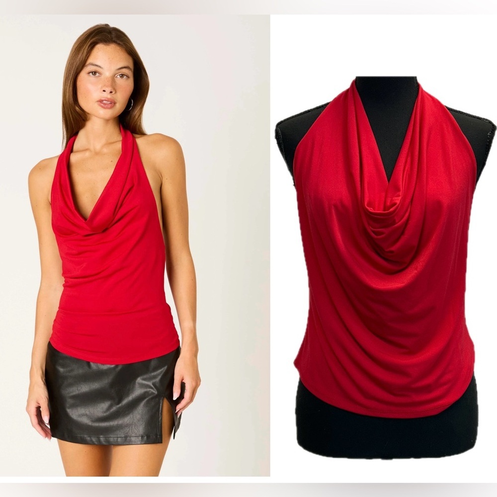 RIPE red draped cowl neck halter top open back Sz XL stretchy spandex NWOT